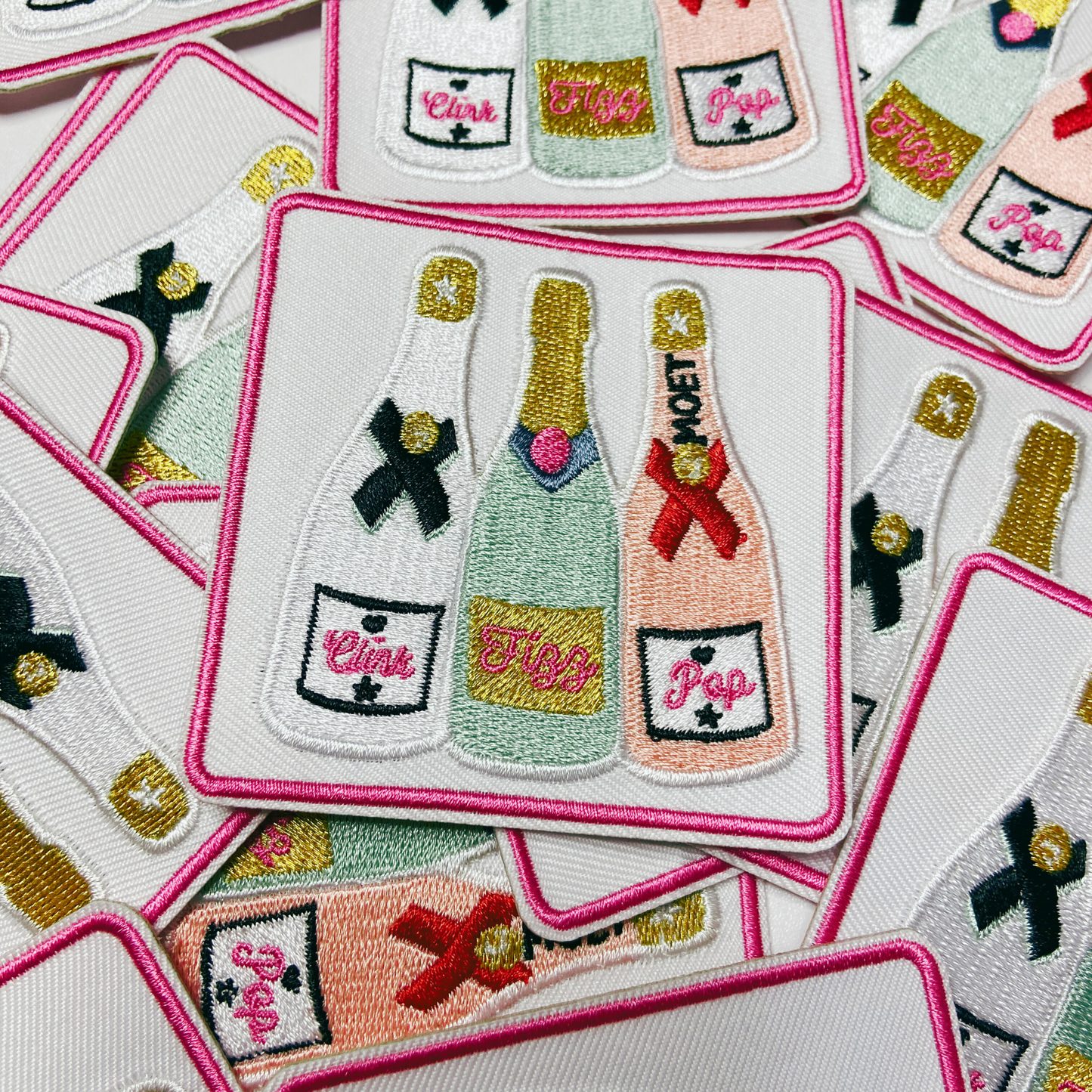 3" SQUARE - Clink, Fizz, Pop Champagne w Metallic Gold  -  Embroidered Hat Patch