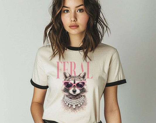 Feral Vogue Raccoon Ringer T-Shirt, Retro Contrast Trim Tee