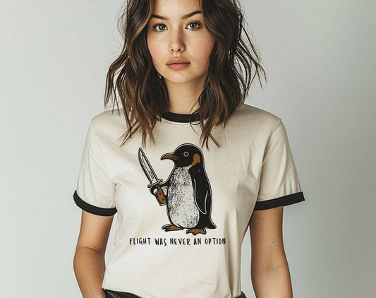 Flight Was Never An Option Penguin Ringer T-Shirt, Retro Contrast Trim Tee