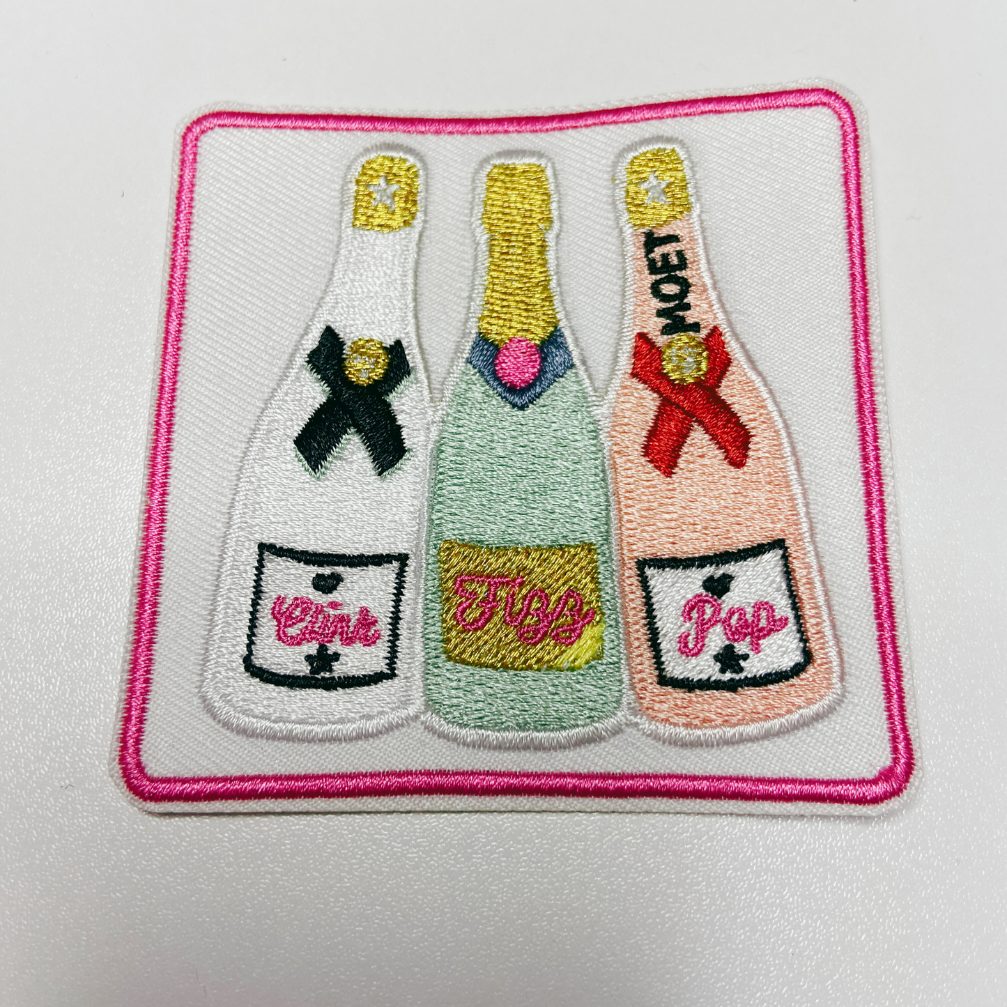 3" SQUARE - Clink, Fizz, Pop Champagne w Metallic Gold  -  Embroidered Hat Patch