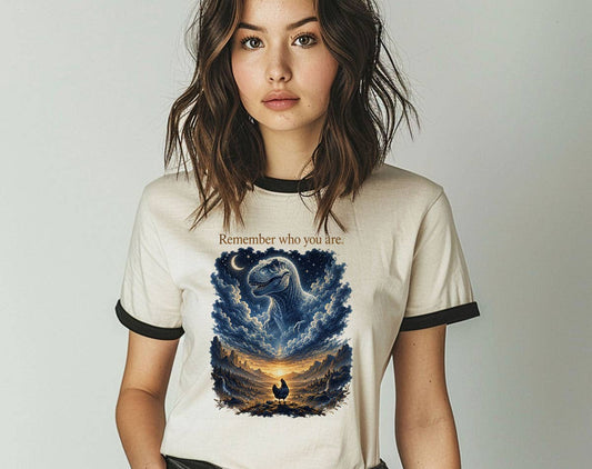 Remember Who You Are T-Rex Chicken Ringer T-Shirt, Retro Contrast Trim Tee