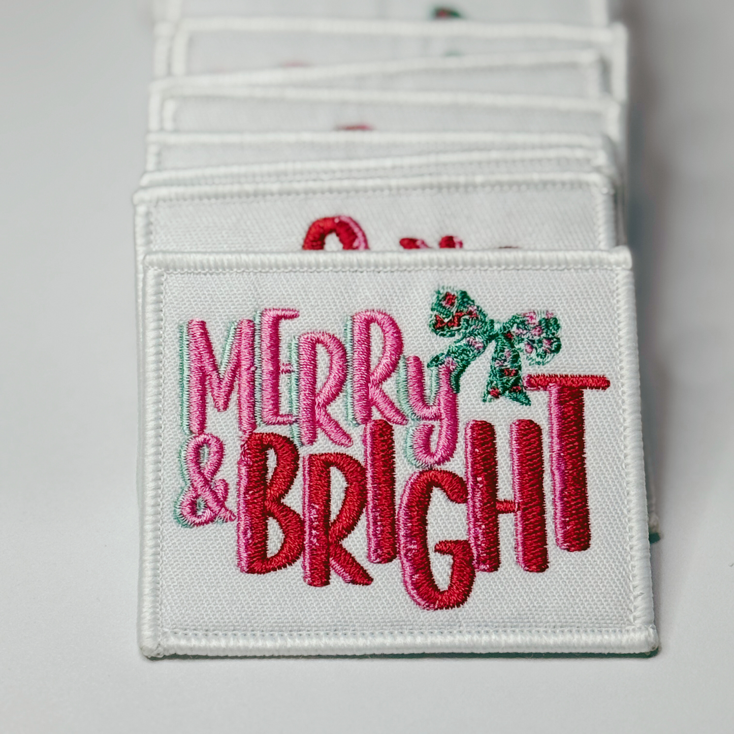 3" Merry & Bright w Bow -  Embroidered Hat Patch