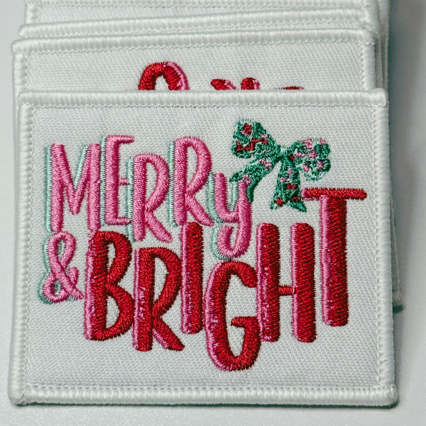 3" Merry & Bright w Bow -  Embroidered Hat Patch