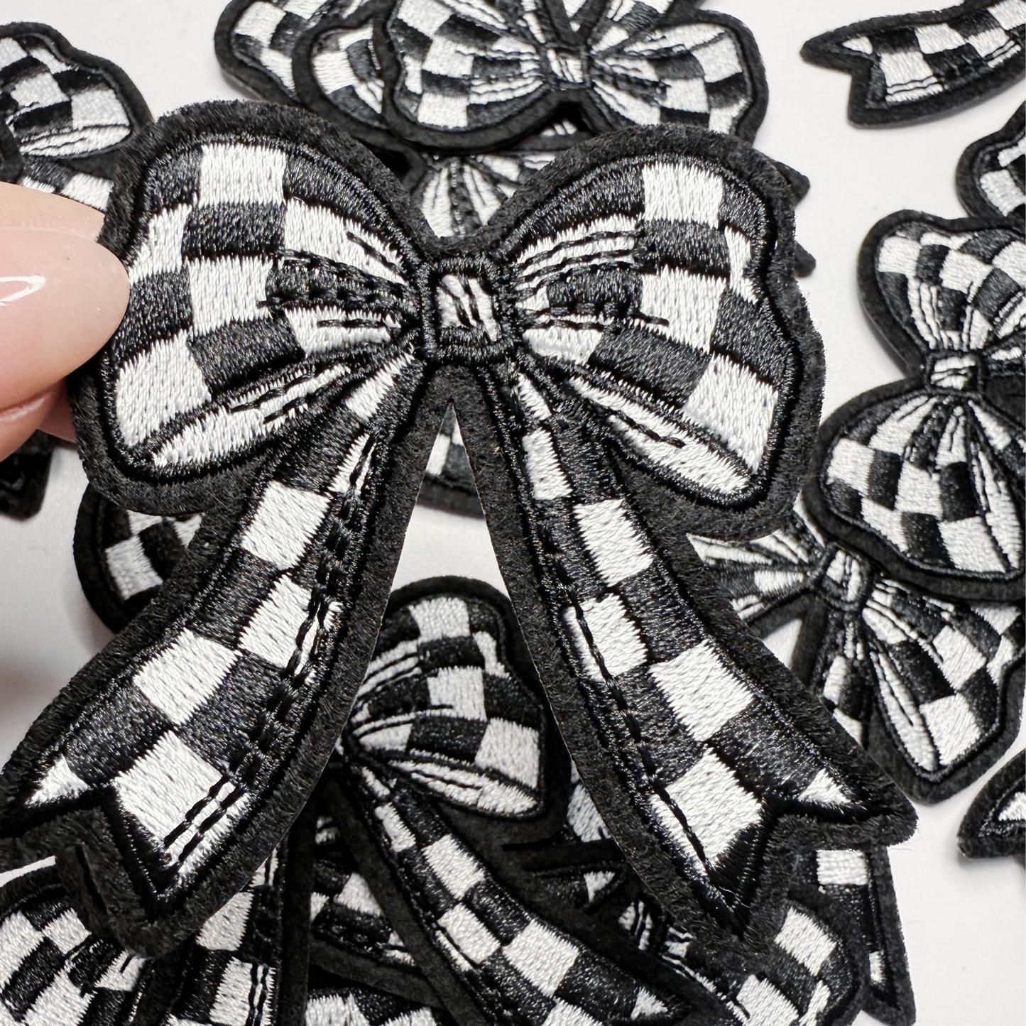 2" Checkered Black & White  Bow -  Embroidered Hat Patch