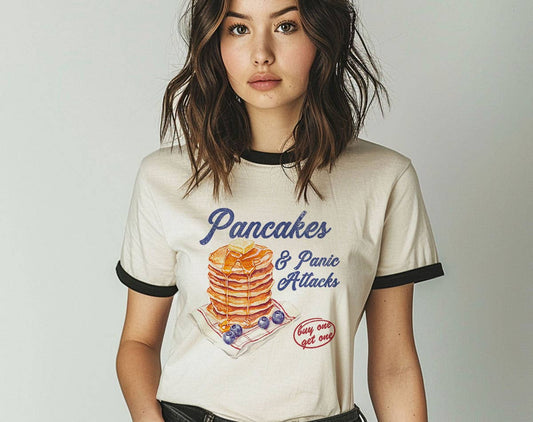 Pancakes And Panic Attacks Ringer T-Shirt, Retro Contrast Trim Tee