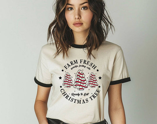 Farm Fresh Christmas Tree Cakes Ringer T-Shirt, Retro Contrast Trim Tee