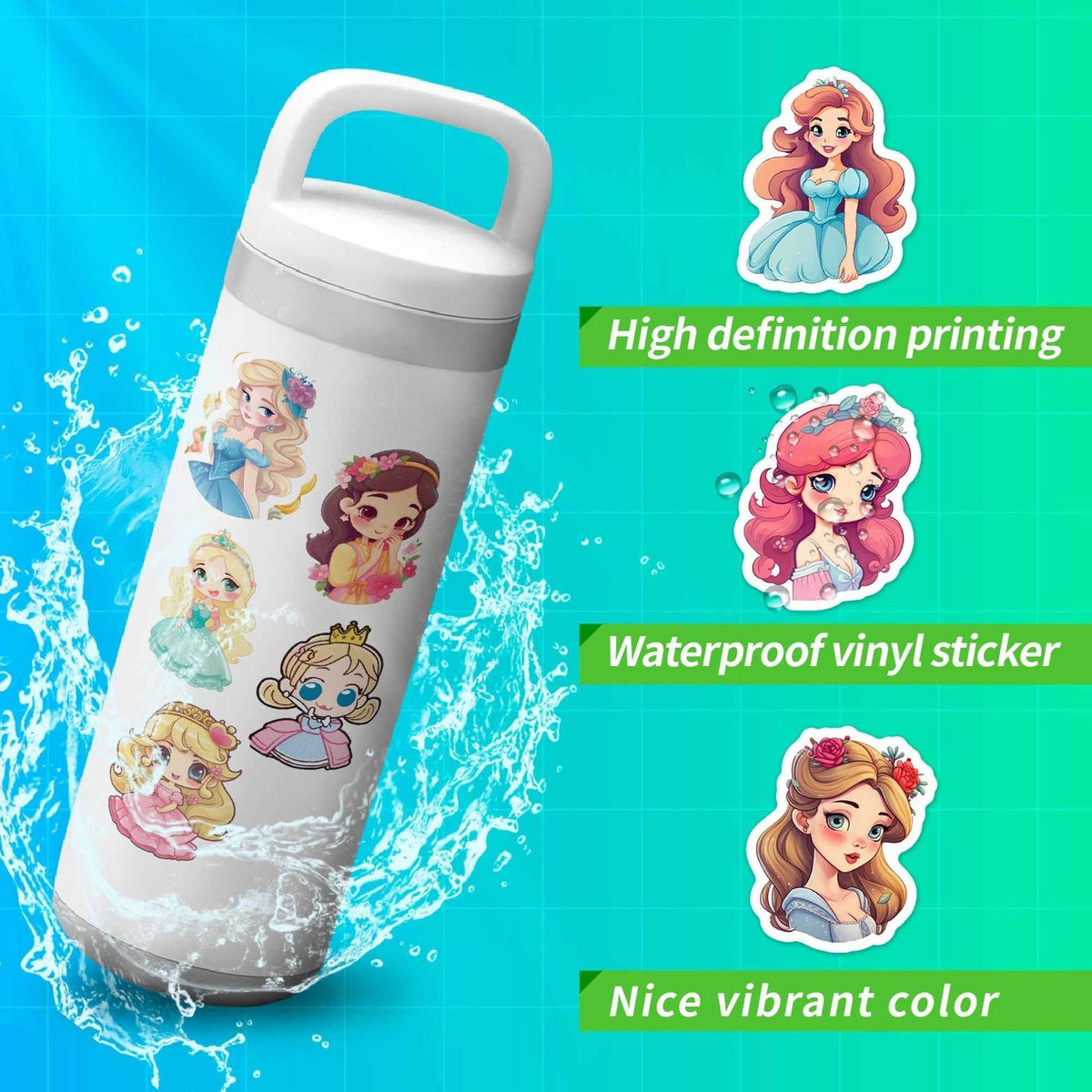100pcs Princess Stickers – 4 Sheets Waterproof Vinyl for Kids