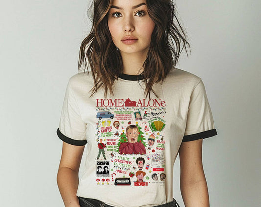 Home Alone Christmas Collage Ringer T-Shirt, Retro Contrast Trim Tee