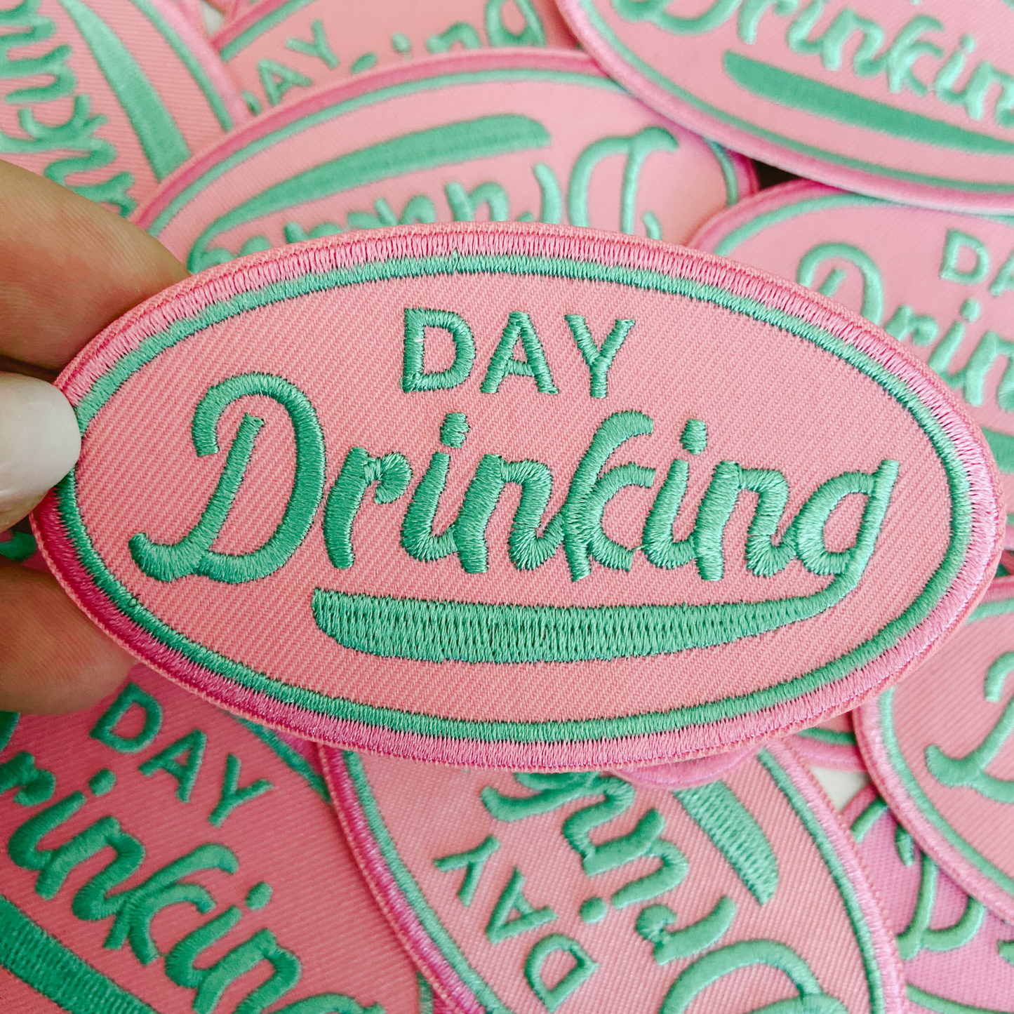 3.75" Day Drinking in Pink and Teal  -  Embroidered Hat Patch (Version 2)