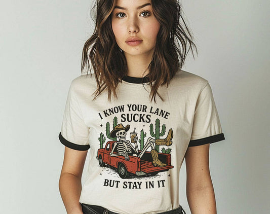 I Know Your Lane Sucks Skeleton Ringer T-Shirt, Retro Contrast Trim Tee