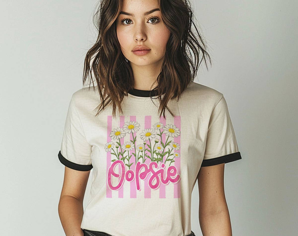 Oopsie Daisy Flowers Striped Ringer T-Shirt, Retro Contrast Trim Tee