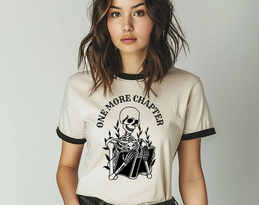 One More Chapter Skeleton Ringer T-Shirt, Retro Contrast Trim Tee