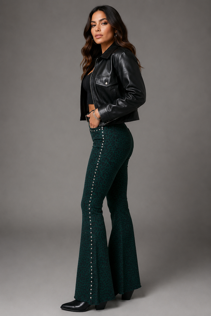 Studded Bell Bottom Jean in Leopard Green