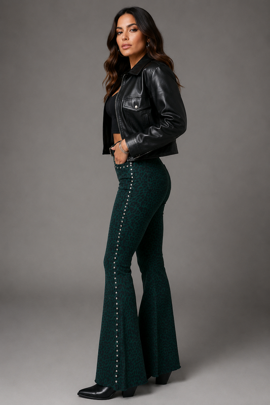 Studded Bell Bottom Jean in Leopard Green
