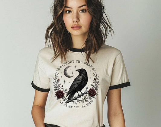 Without The Dark Raven Moon Halloween Ringer T-Shirt, Retro Contrast Trim Tee