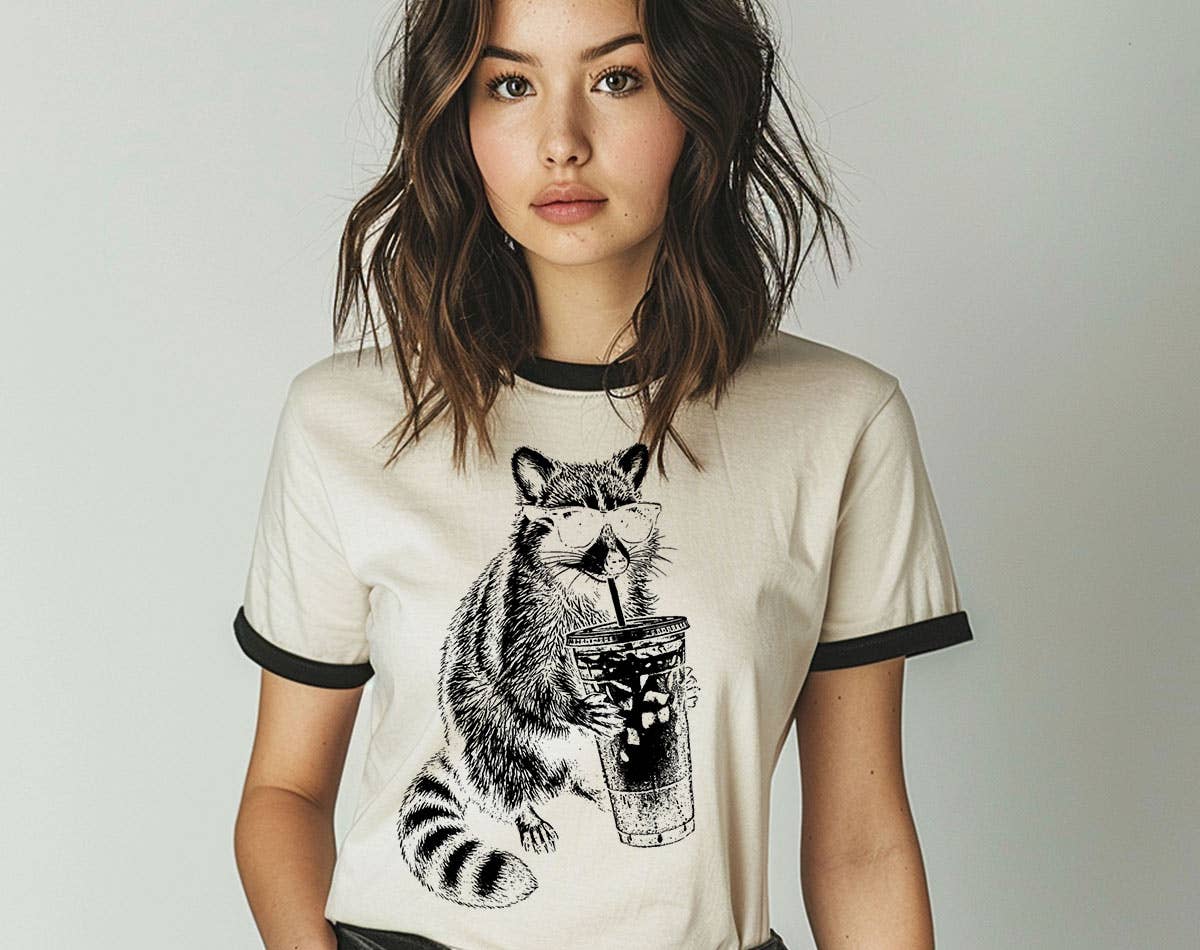 Raccoon Drinking Iced Coffee Ringer T-Shirt, Retro Contrast Trim Tee