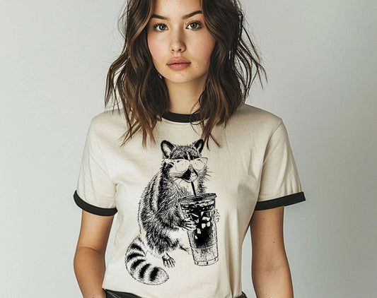 Raccoon Drinking Iced Coffee Ringer T-Shirt, Retro Contrast Trim Tee