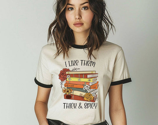 I Like Them Thick & Spicy Romance Book Ringer T-Shirt, Retro Contrast Trim Tee