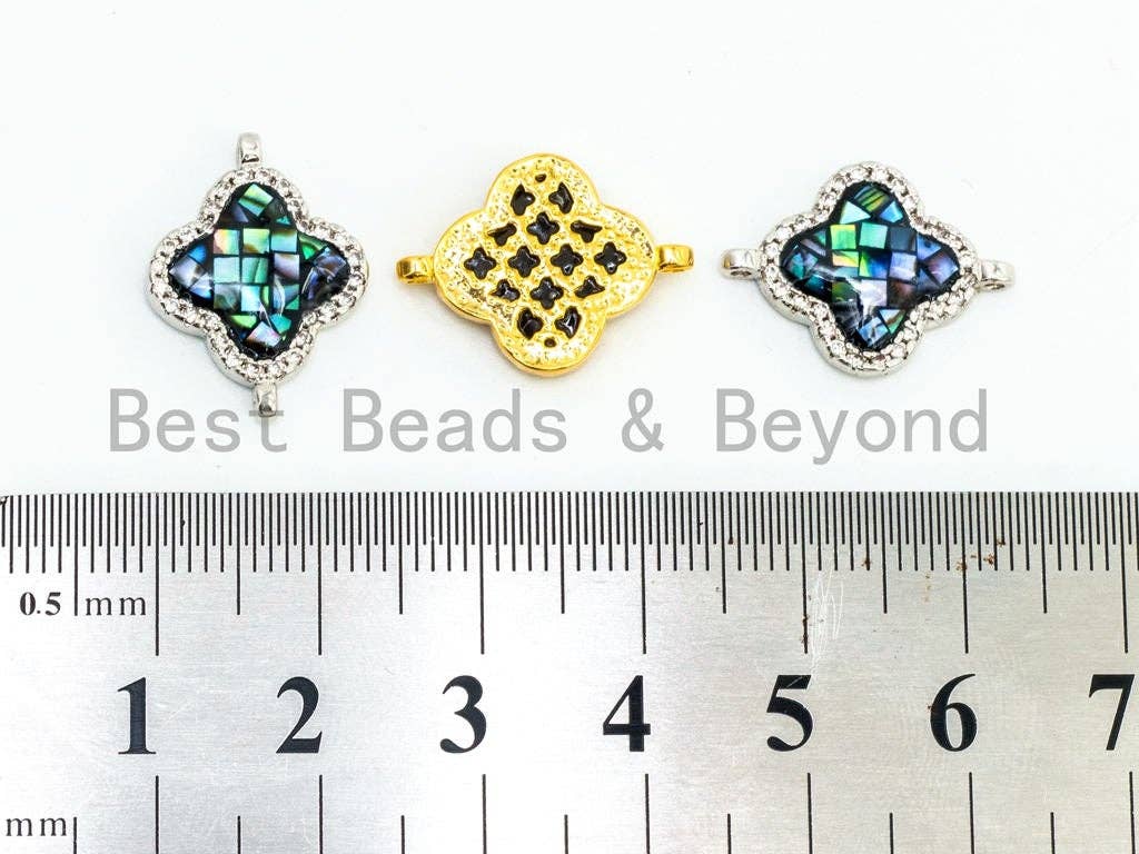CZ Micro Pave Clover Connector with Abalone Shell, Cubic Zirconia Space Connector, CZ Abalone Stone Charm 14x18mm, 1pc,SKU#Z28