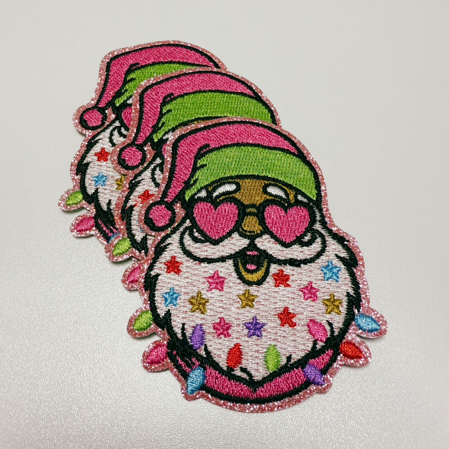 3" Pink Santa w shades & Sparkle -  Embroidered Hat Patch