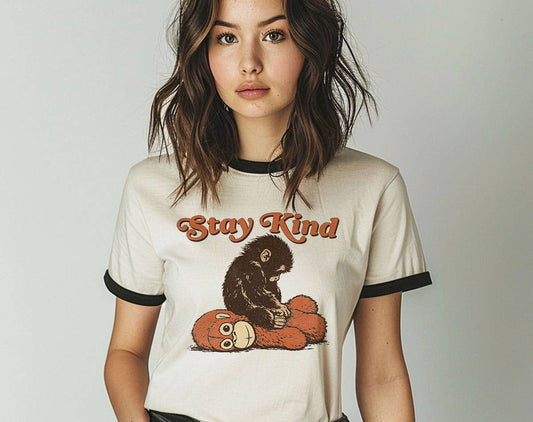 Stay Kind Baby Punch Monkey Ringer T-Shirt, Retro Contrast Trim Tee