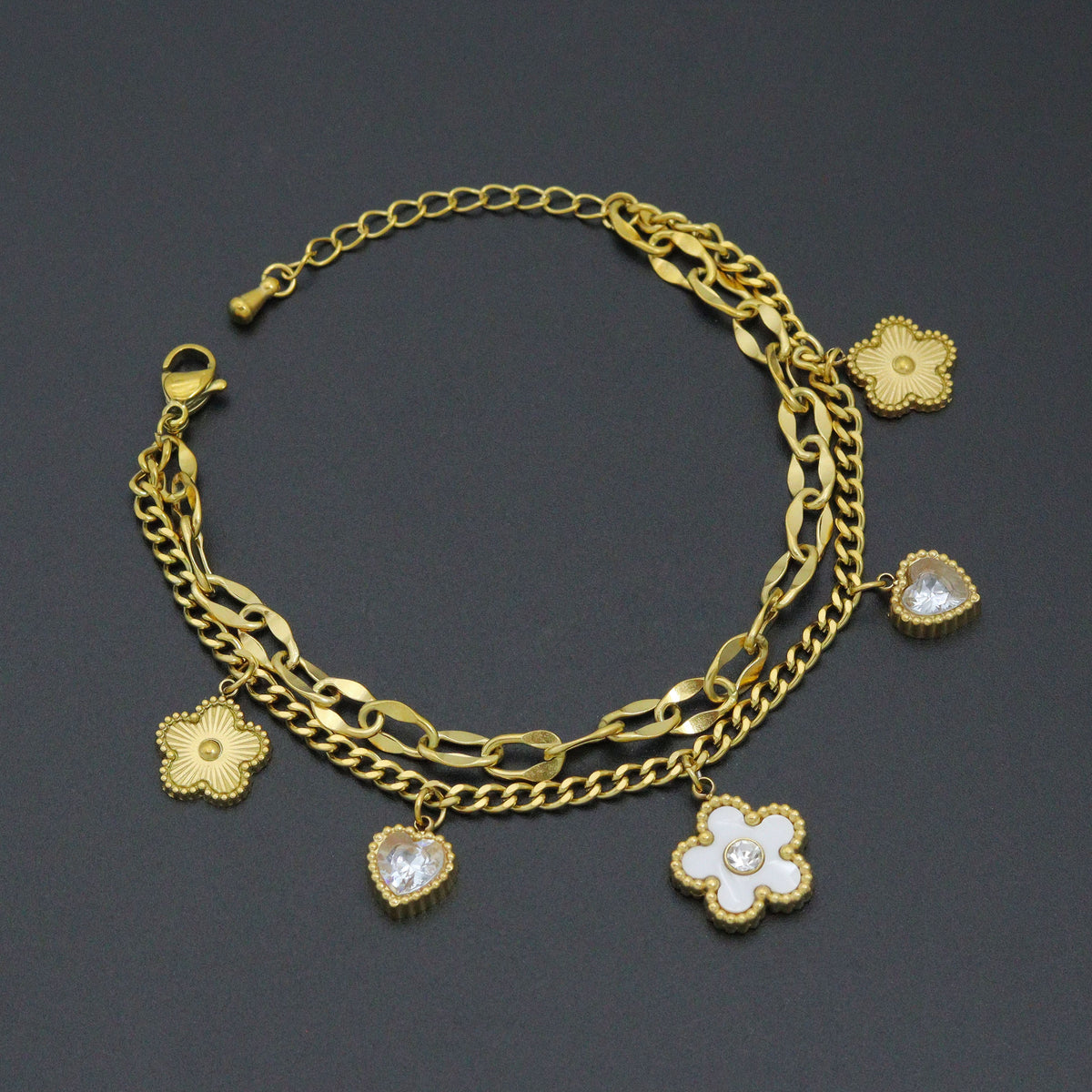 Gold Clover Heart Pendant Doule Link Chain Charm Bracelet, Sku#BXG19