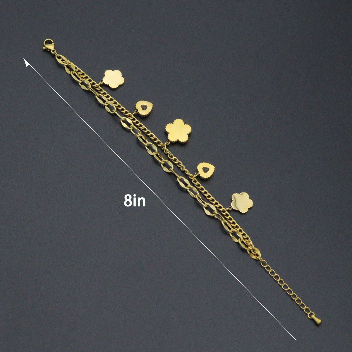 Gold Clover Heart Pendant Doule Link Chain Charm Bracelet, Sku#BXG19