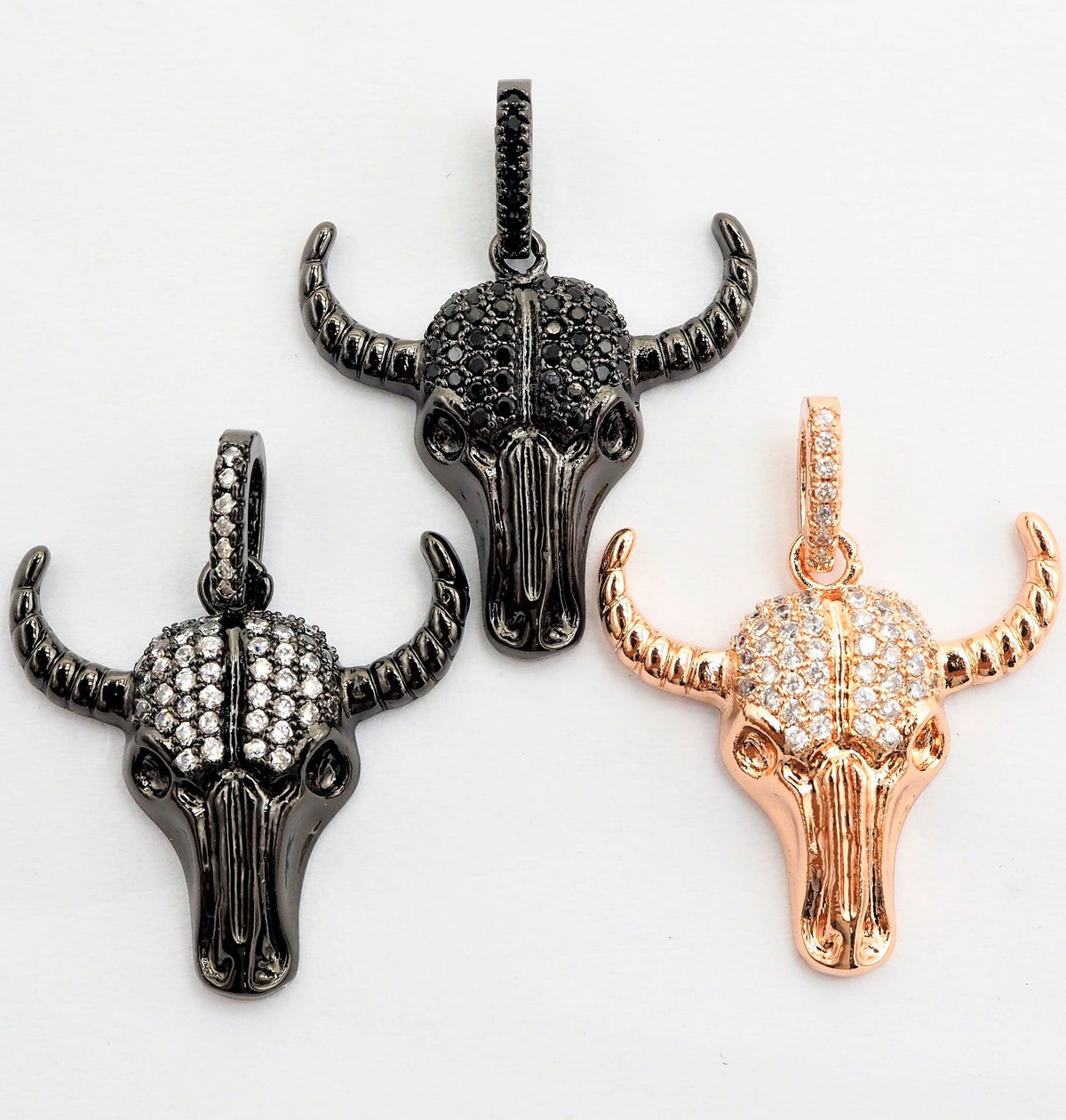 CZ Micro Pave Bull Skull Pendant, CZ Long Horn Charms,ox head, Bull Horn Charms, Antelope Head Pendant, Black/Rose Gold, 22mm,SKU#F548