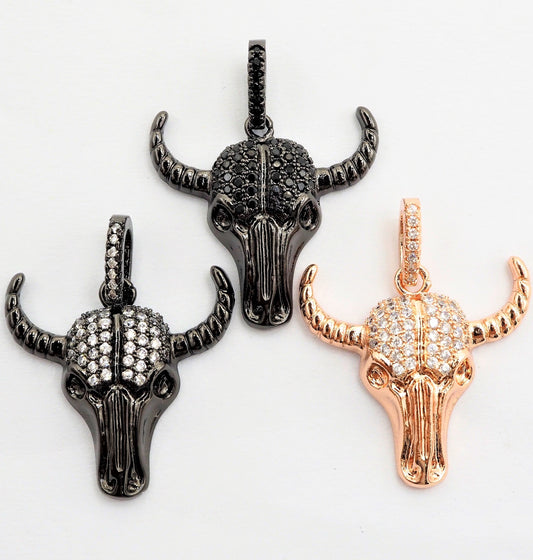 CZ Micro Pave Bull Skull Pendant, CZ Long Horn Charms,ox head, Bull Horn Charms, Antelope Head Pendant, Black/Rose Gold, 22mm,SKU#F548