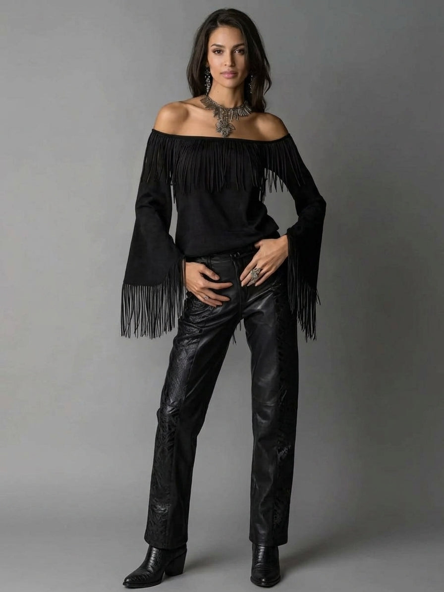 Full Size Fringed Off-Shoulder T-Shirt Plus Size