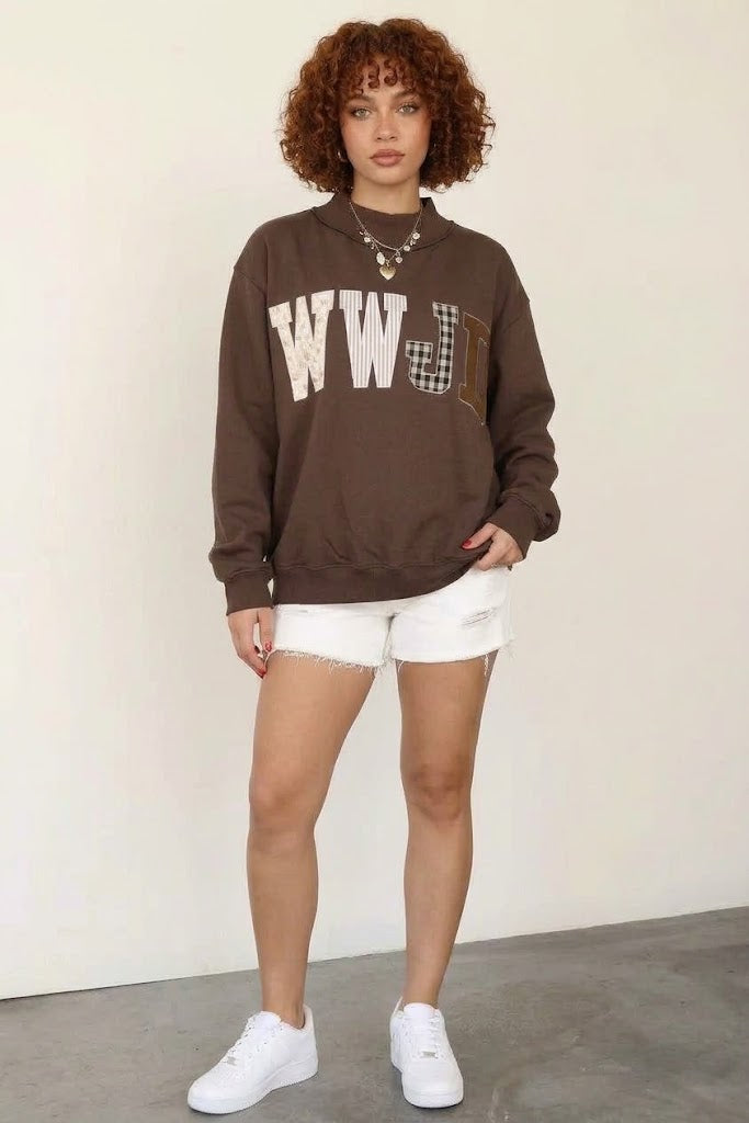 WWJD Mixed Pattern Embroidered Patch Graphic Mock Neck Sweatshirt