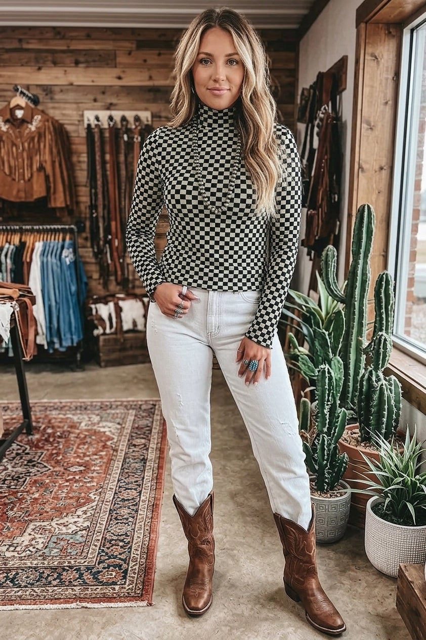Plaid Stand Neck Long Sleeve Mesh Top