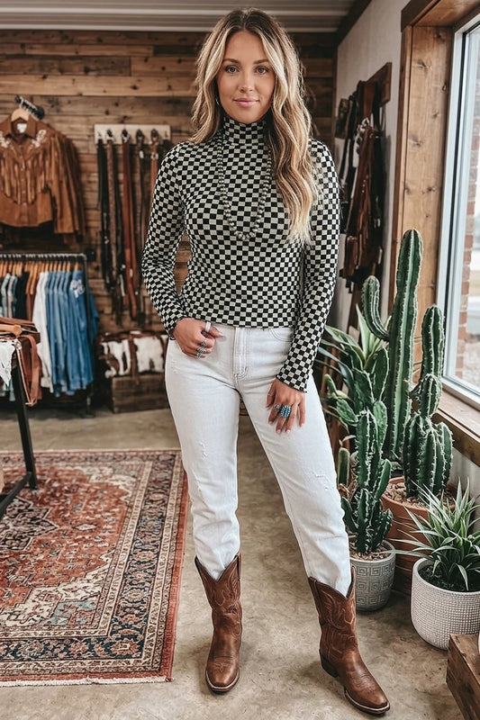 Plaid Stand Neck Long Sleeve Mesh Top