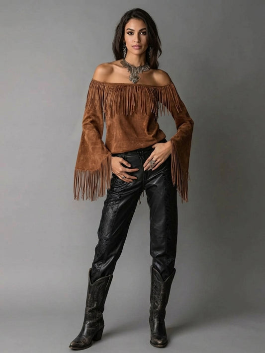 Full Size Fringed Off-Shoulder T-Shirt Plus Size