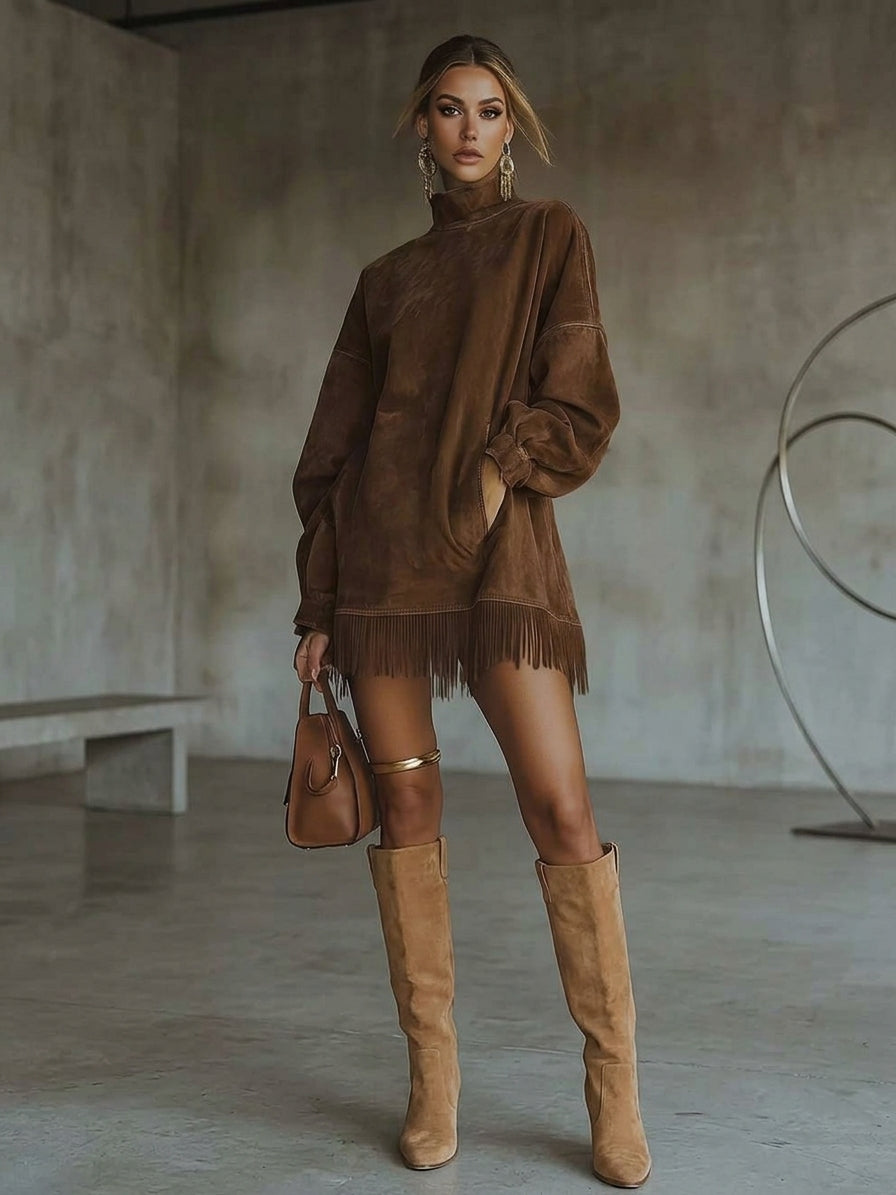 Full Size Mock Neck Fringed Hem Long Sleeve Mini Dress Plus Size