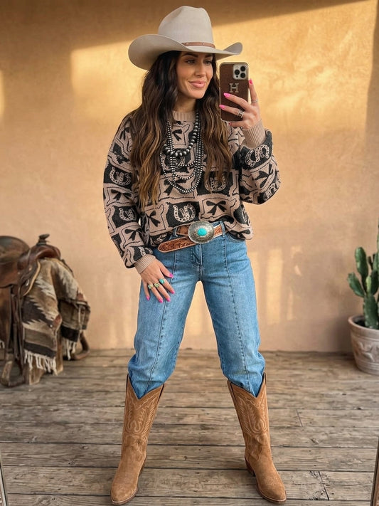 Bows & Horseshoes Pattern Round Neck Sweater