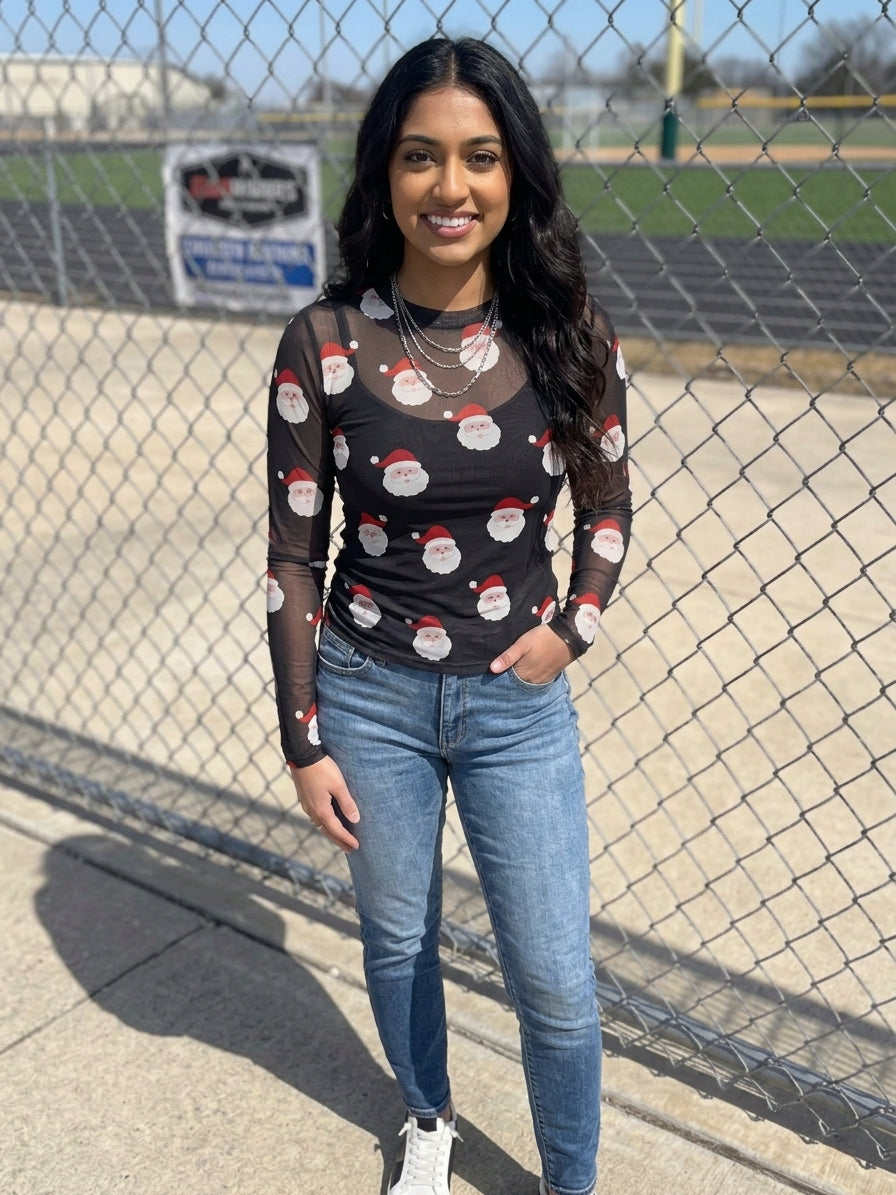 Christmas Santa Print Mesh Long Sleeve Top