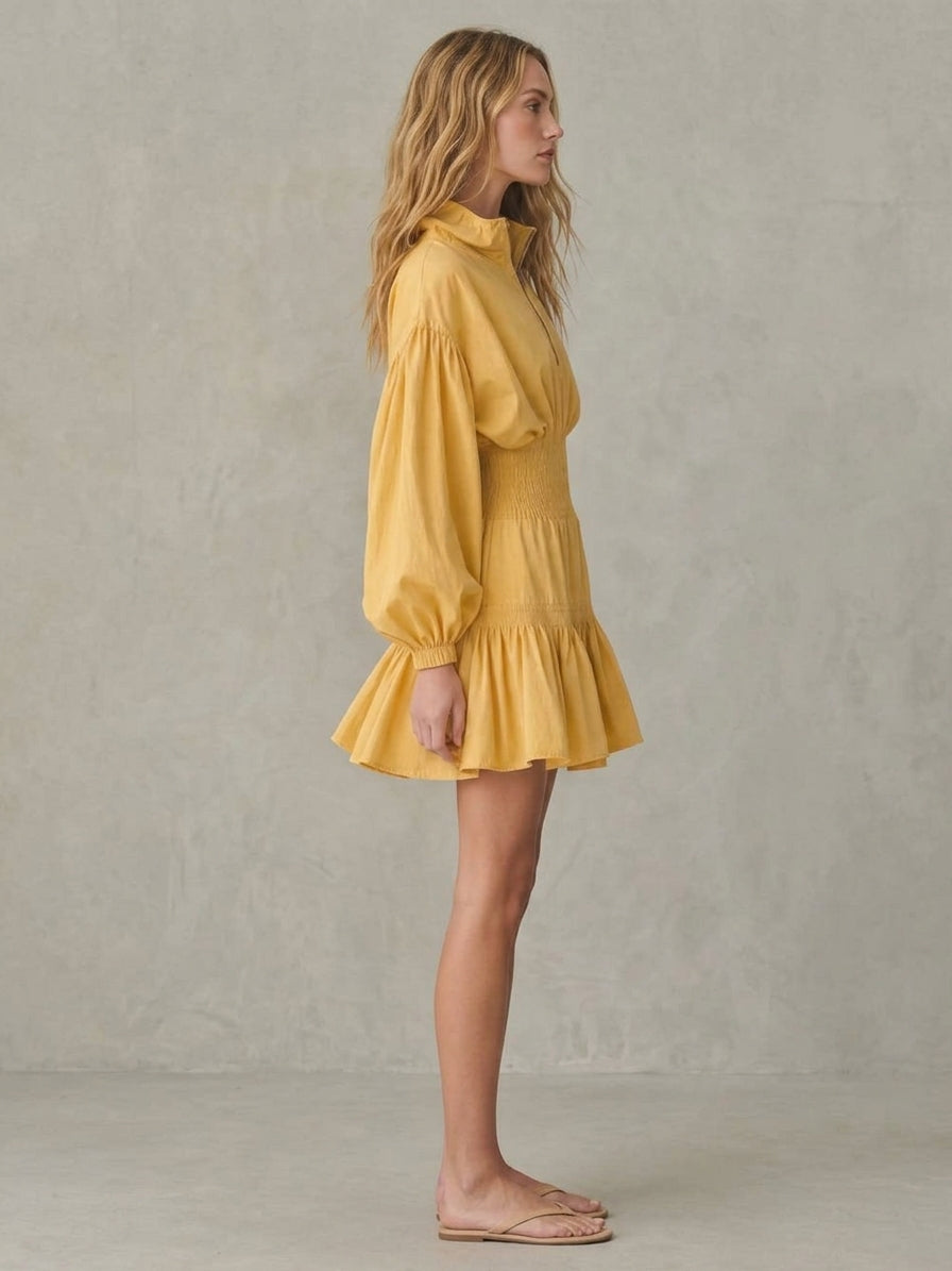 Quarter-Zip Smocked Waist Mini Dress