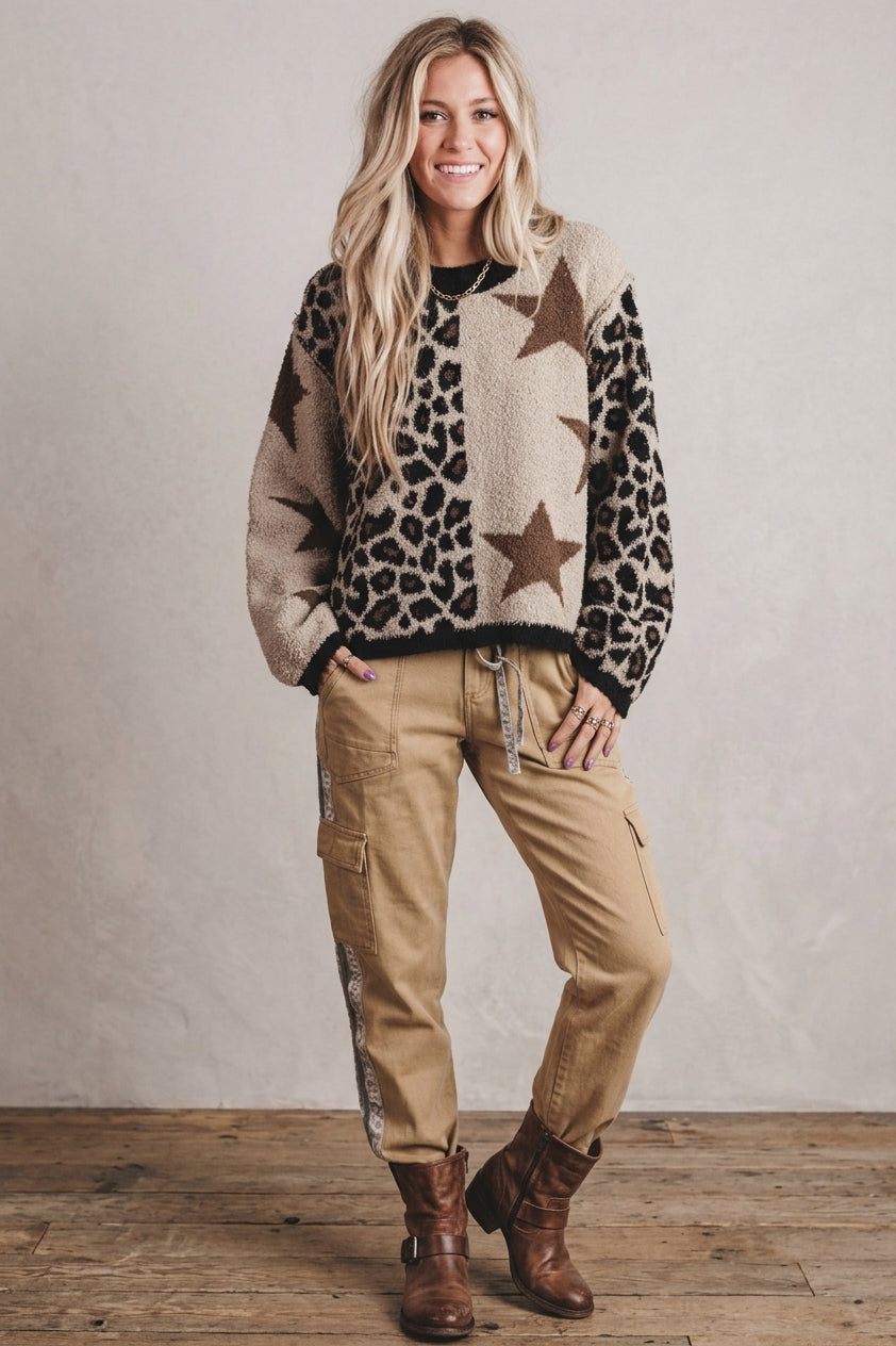 Leopard Star Pattern Round Neck Long Sleeve Shift Sweater