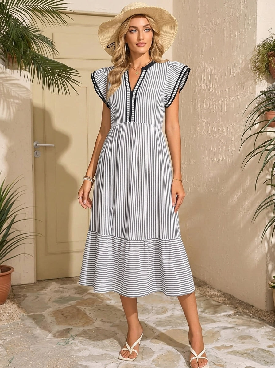 Striped Ruffle Sleeve Midi Dress