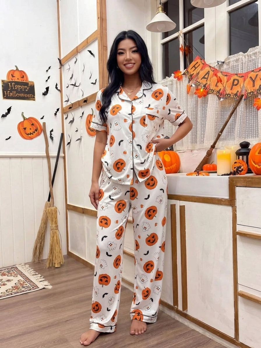 Halloween Pumpkin Print Button-Down Top and Pants Set