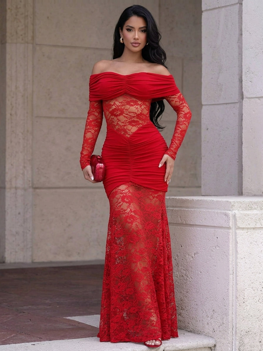 Off-Shoulder Ruched Lace Mermaid Maxi Dress
