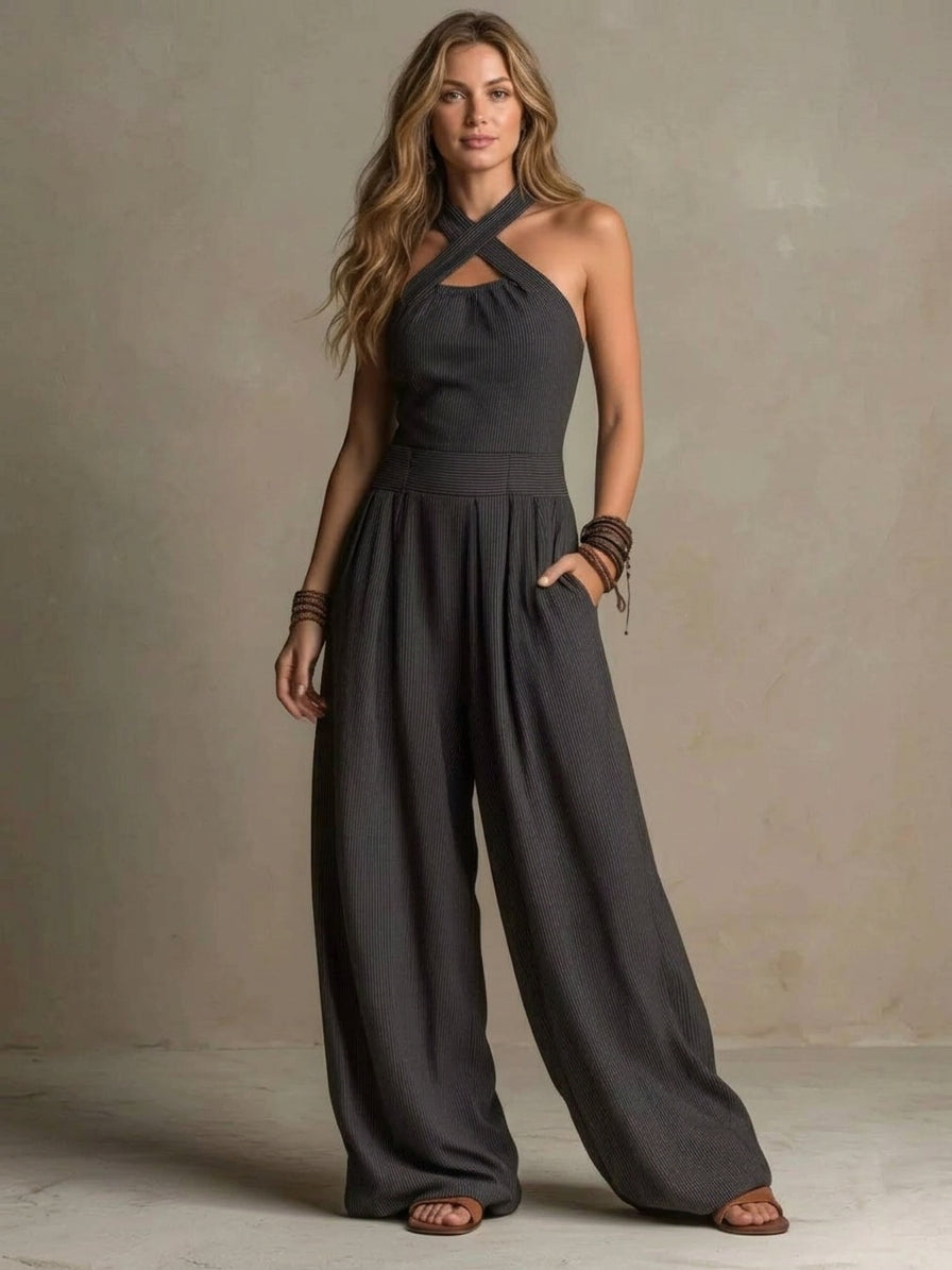 Halter Neck Wide-Leg Jumpsuit with Pockets