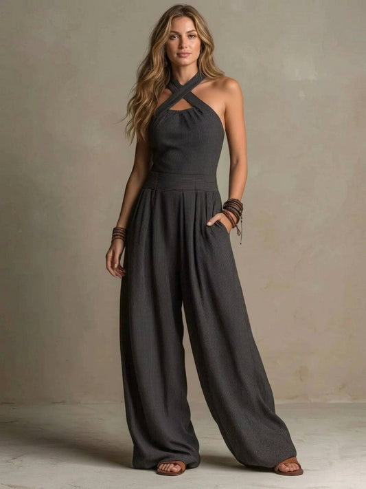 Halter Neck Wide-Leg Jumpsuit with Pockets