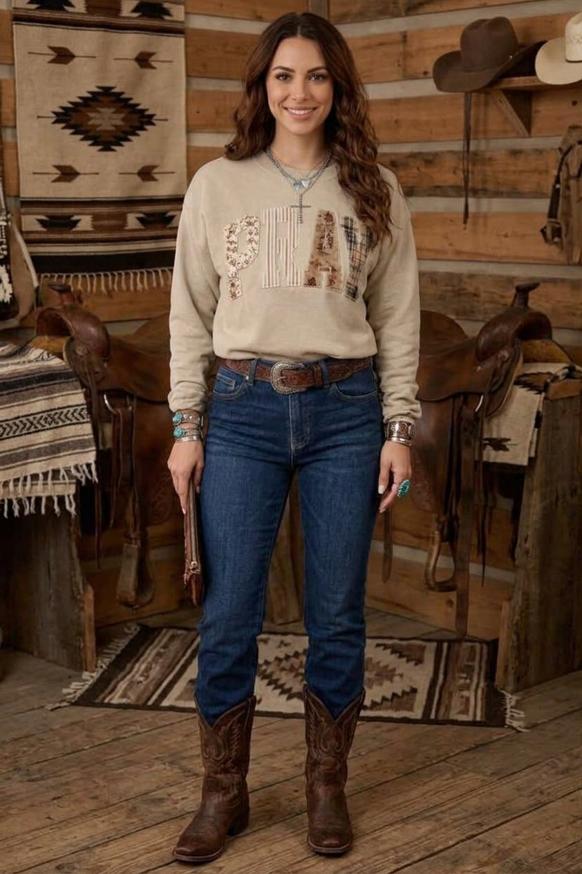 Floral Buffalo Plaid Striped Embroidered Patch Western Sweatshirt