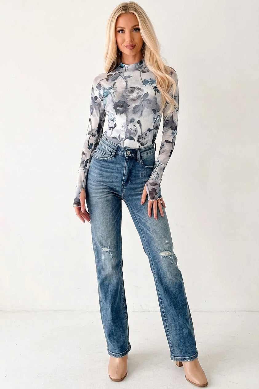 Floral Mesh High Neck Long Sleeve Sheath Top