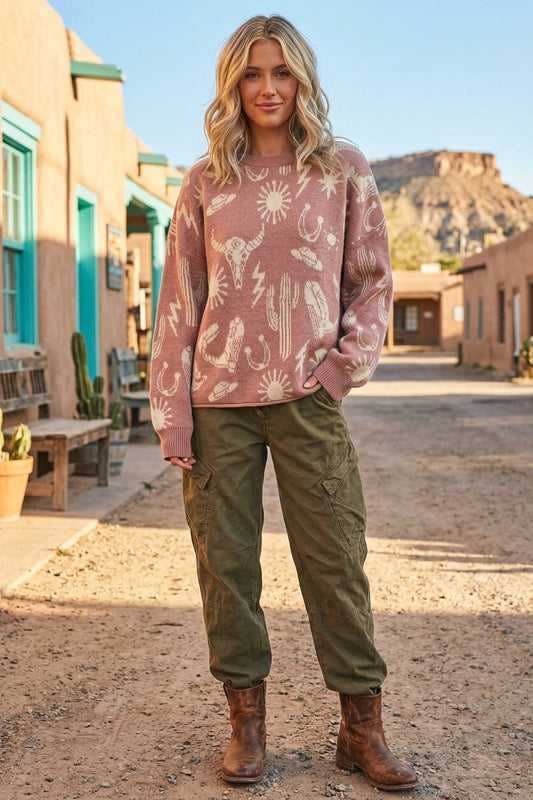 Western Graphic Round Neck Sweater