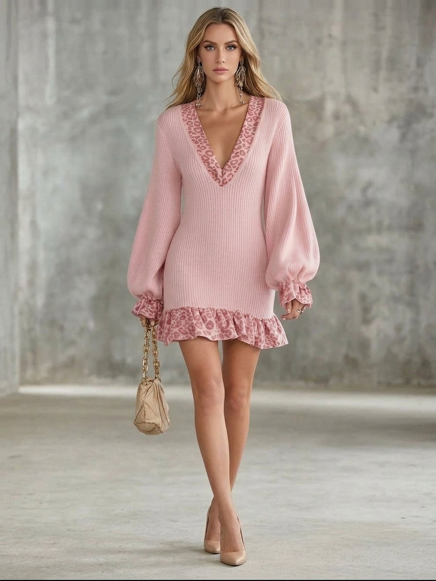 Leopard Print Ruffled Trim Knit Dress