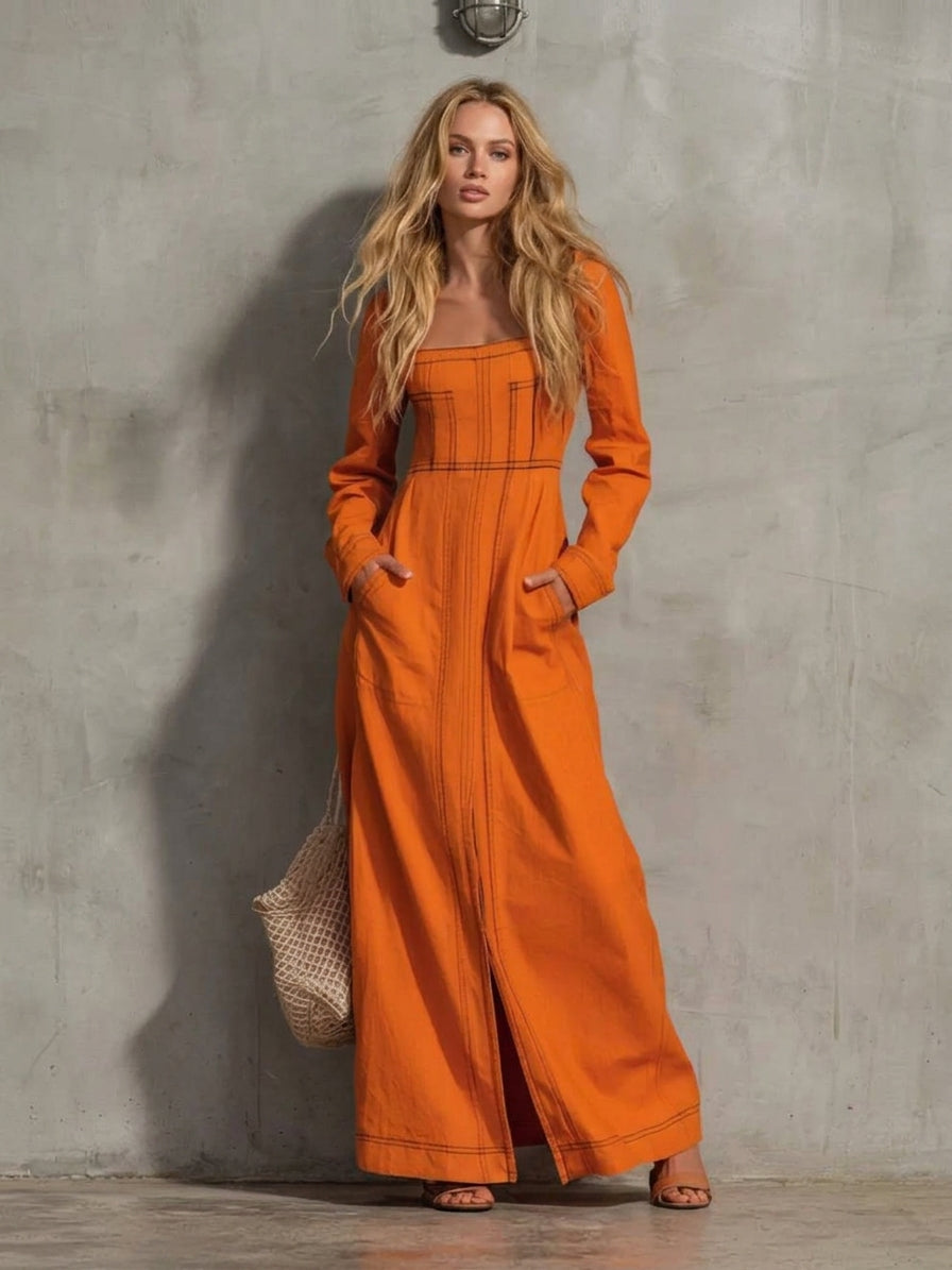 Slit Square Neck Long-Sleeve Maxi Dress