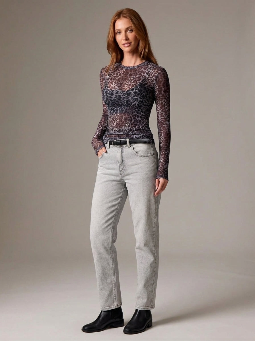 Sheer Leopard Print Long Sleeve Top